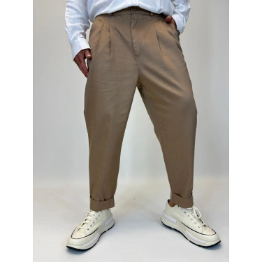 İtalyan Double Paça Pileli Pamuk Saten Pantolon Kahve