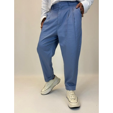 İtalyan Double Paça Pileli Pamuk Saten Pantolon İndigo