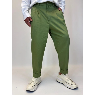 İtalyan Double Paça Pileli Pamuk Saten Pantolon Yeşil