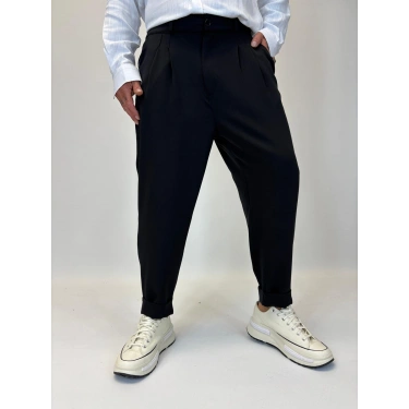 İtalyan Double Paça Pileli Pamuk Saten Pantolon Siyah