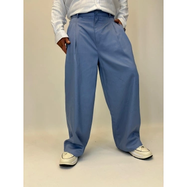 Baloon Pileli Pamuk Saten Pantolon İndigo