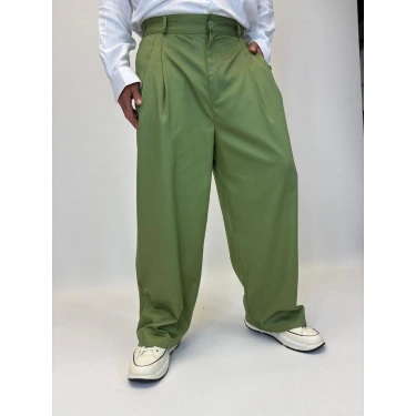 Baloon Pileli Pamuk Saten Pantolon Yeşil