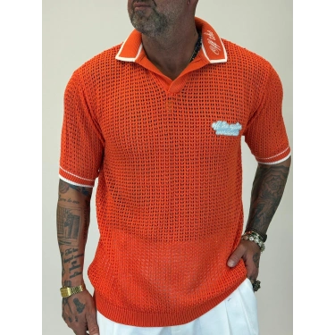 Triko Akrilik Yakası Nakış Detaylı Turuncu