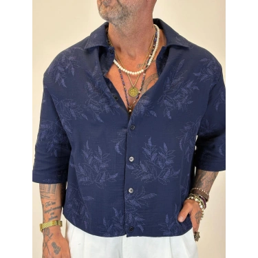 Crop Çiçek Nakışlı Tky Gömlek Lacivert