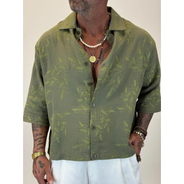 Crop Çiçek Nakışlı Tky Gömlek Yeşil