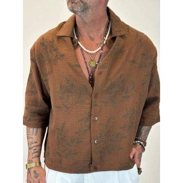 Crop Çiçek Nakışlı Tky Gömlek Kahve