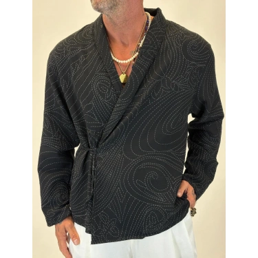 Nakışlı Kimono Gömlek Siyah