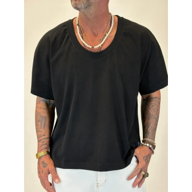 Tky Açık Yaka Oversize Crop T-shirt Siyah