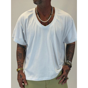 Tky Açık Yaka Oversize Crop T-shirt Beyaz