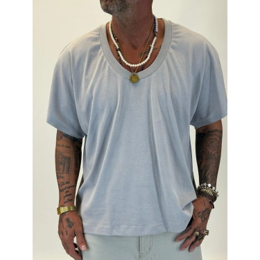 Tky Açık Yaka Oversize Crop T-shirt Gri