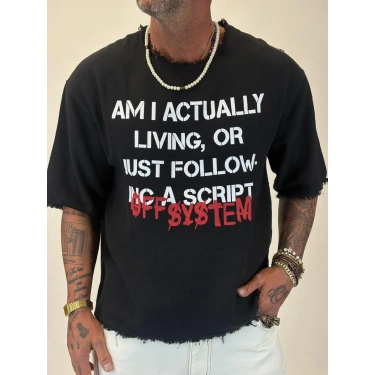 Hasır Kesik Yaka Baskılı T-shirt Siyah