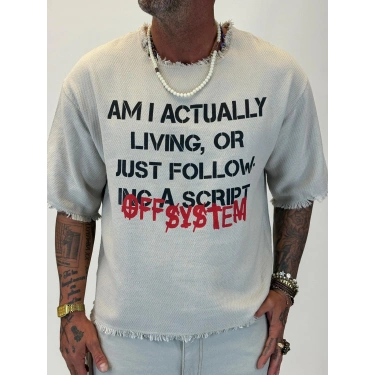 Hasır Kesik Yaka Baskılı T-shirt Gri