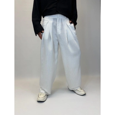 Çizgili Pileli Palazzo Pantolon Beyaz