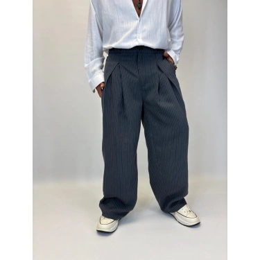 Çizgili Pileli Palazzo Pantolon Antrasit