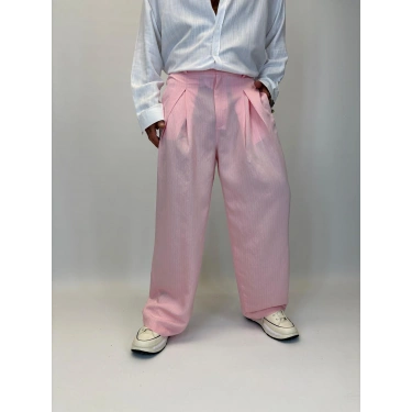 Çizgili Pileli Palazzo Pantolon Pembe