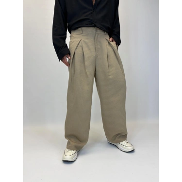 Çizgili Pileli Palazzo Pantolon Bej