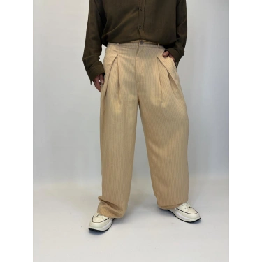 Çizgili Pileli Palazzo Pantolon Krem