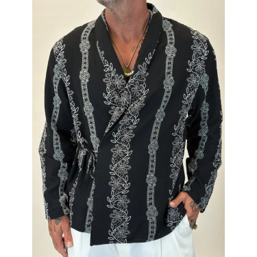 Bohem Nakışlı Kimono Gömlek Siyah