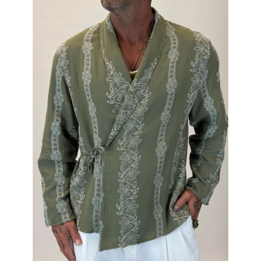 Bohem Nakışlı Kimono Gömlek Yeşil