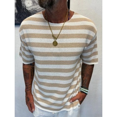 Akrilik Triko Kalın Çizgili Krem