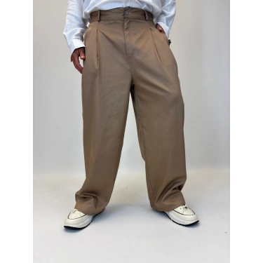 Baloon Pileli Pamuk Saten Pantolon Kahve