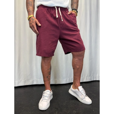 Beli Lastikli Keten Şort Bordo