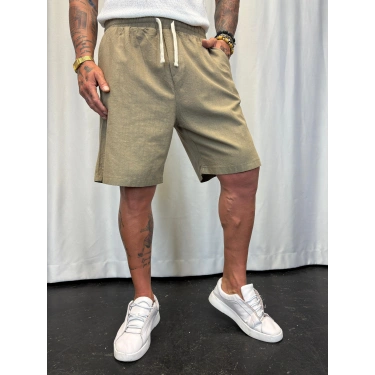 Beli Lastikli Keten Şort Haki