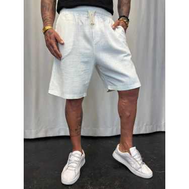 Beli Lastikli Keten Şort Beyaz