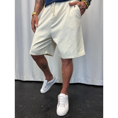Beli Lastikli Keten Şort Krem
