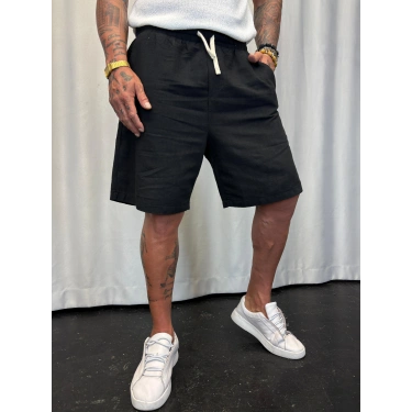 Beli Lastikli Keten Şort Siyah