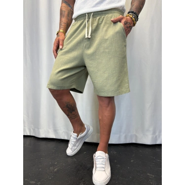 Beli Lastikli Keten Şort Yeşil