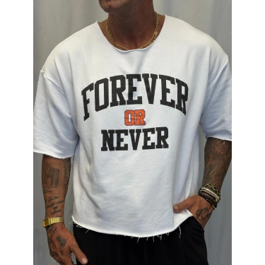 Crop Kısa Kol Baskılı Beyaz