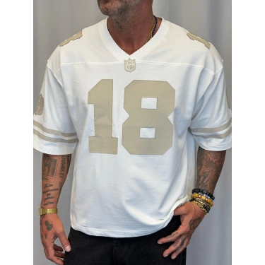 Derin Nakışlı Amerikan T-Shirt Beyaz