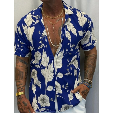 Desenli Kısa Kol Gömlek Lacivert