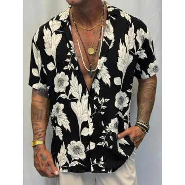 Desenli Kısa Kol Gömlek Siyah