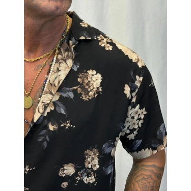 Desenli Kısa Kol Gömlek Siyah