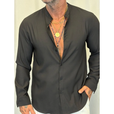 Dik Yaka Pamuk Likralı Gömlek Siyah