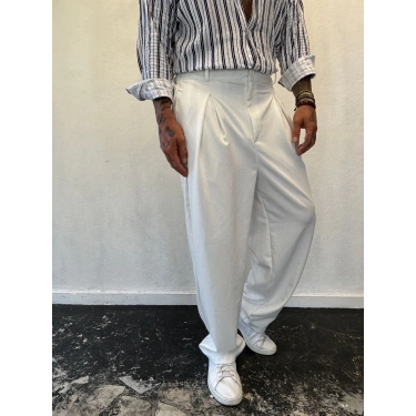 Double Kumaş Pileli Pantolon Beyaz