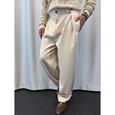 Double Kumaş Pileli Düğme Detaylı Pantolon Bej