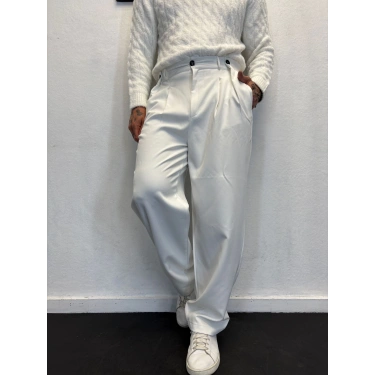 Double Kumaş Pileli Düğme Detaylı Pantolon Beyaz