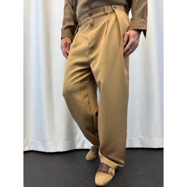 Double Kumaş Pileli Düğme Detaylı Pantolon Kahve