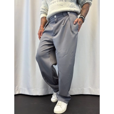 Double Kumaş Pileli Düğme Detaylı Pantolon Gri