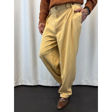 Double Kumaş Pileli Düğme Detaylı Pantolon Camel