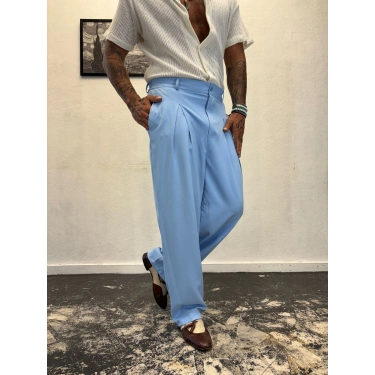 Double Kumaş Pileli Pantolon Bebe Mavisi