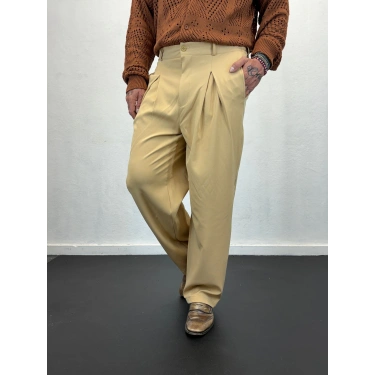 Double Kumaş Pileli Pantolon Krem