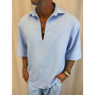 Double Kumaş V Yaka Gömlek Bebe Mavisi