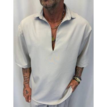 Double Kumaş V Yaka Gömlek Gri