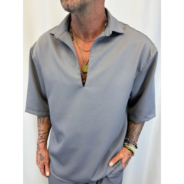 Double Kumaş V Yaka Gömlek Füme