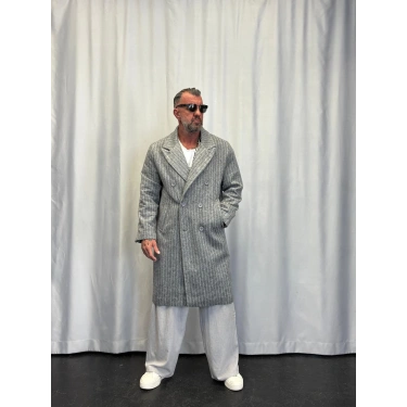 Fransız Cashmere Çizgili Palto Açık Gri