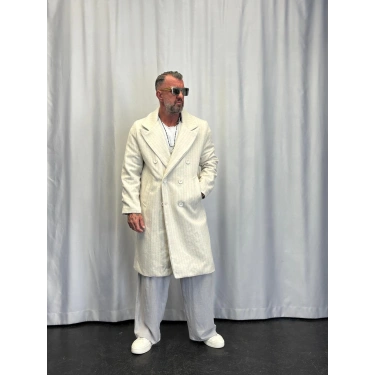 Fransız Cashmere Çizgili Palto Bej